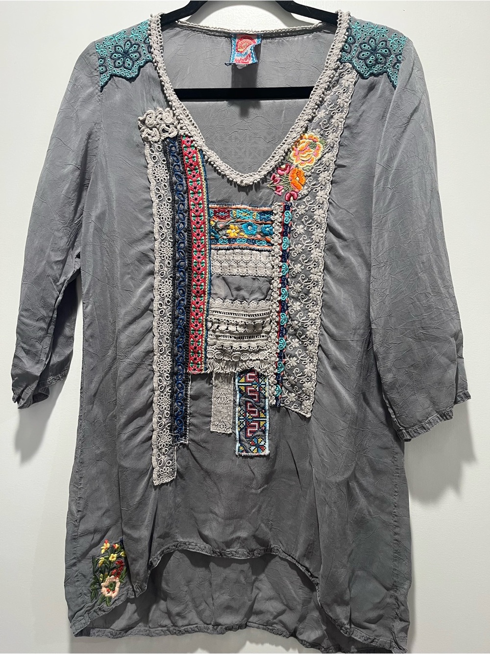 Johnny Was Gray Tunic with Multicolor Embroidery